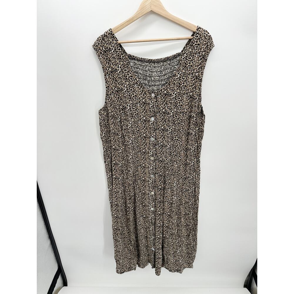 MSK Women Midi Dress Women 22W Rayon Leopard Print Sleeveless Smocked Button